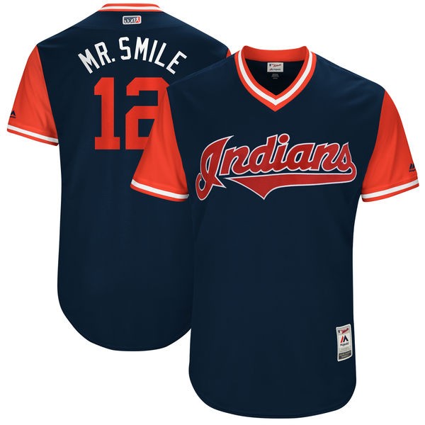 Men's Cleveland Indians #12 Francisco Lindor 'Mr. Smile' Navy/Red Cool Base Stitched Jersey